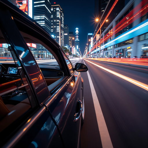 城市夜景长曝光摄影，车流光线轨迹，现代建筑轮廓，深蓝夜空