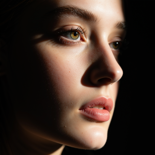 人像特写黑白摄影，模特侧脸轮廓，柔和光影，质感细腻